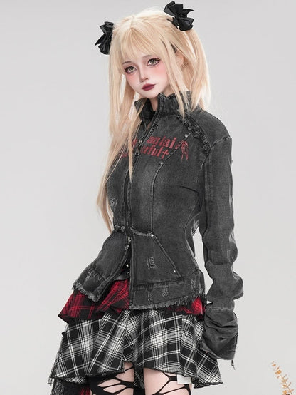Punk Black Letters Print Distress Trim Slim-fit Denim Jacket