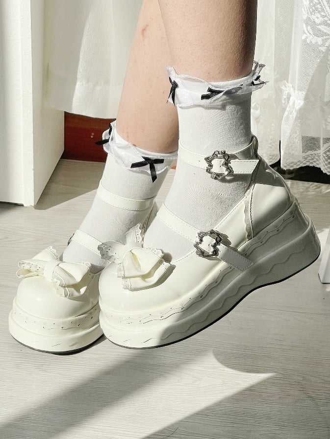 Lolita Cute White Bowknot Cake Buckle Straps Platform Shoes