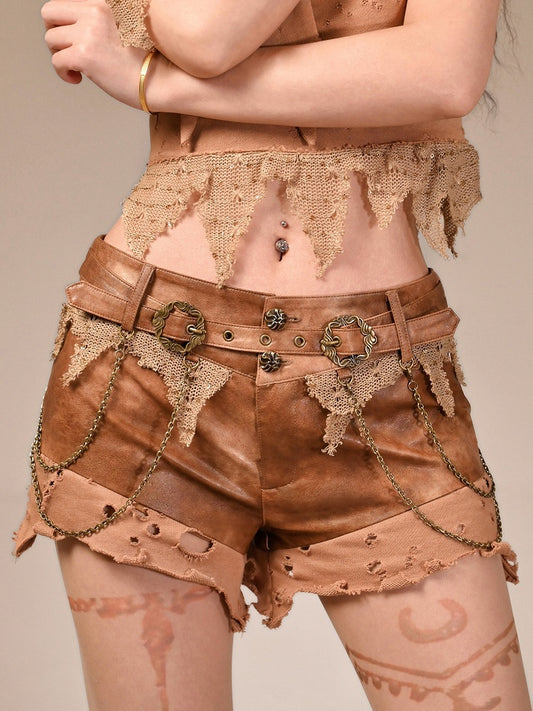Waist Brown Distressed Low Wasteland Punk Shorts with Chain Accents