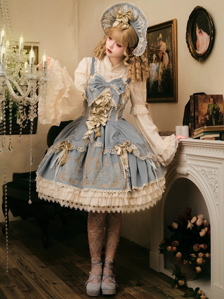 Blue Velvet JSK Dress Lolita Embroidery Bows Decoration Candle /