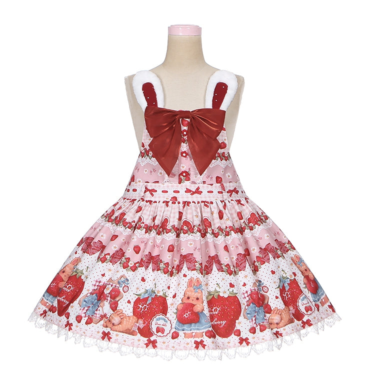 Robe salopette Lolita rose clair à gros nœud et oreilles de lapin, imprimé fraise et lapin printanier