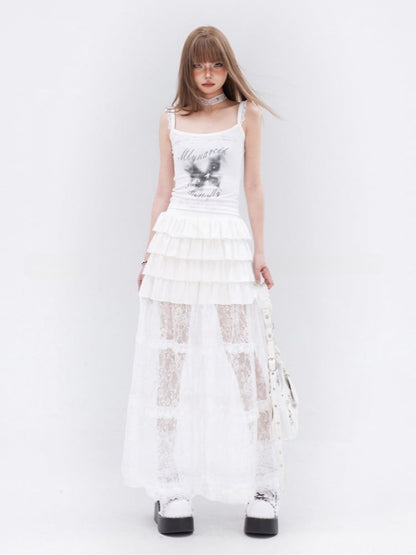 Cami Top Butterfly Print Lace Trim White Glamorous Slim-fitting