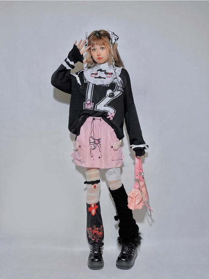 Black Kitty Spiderand Cross Skeleton Appliques Oversized Top