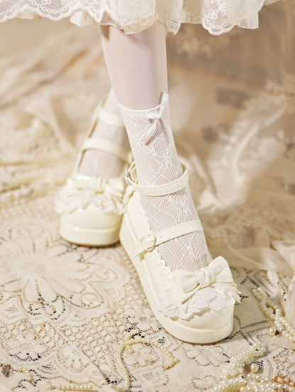 White Bow Milky Buckles at Platforms Lace Trim Top Heart