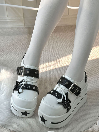 White Jirai Kei Star Design Buckle Strap Platform Shoes