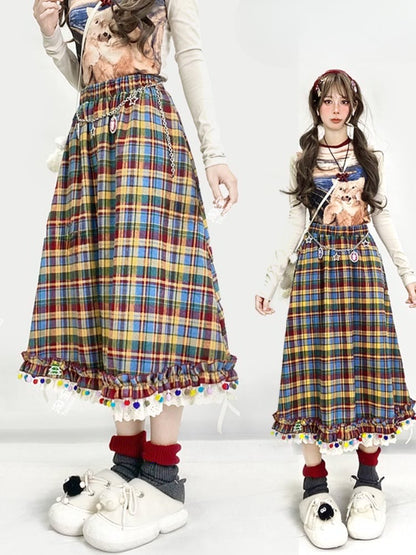 Rainbow Plaid Pompons Hem Midi Length Vintage Skirt