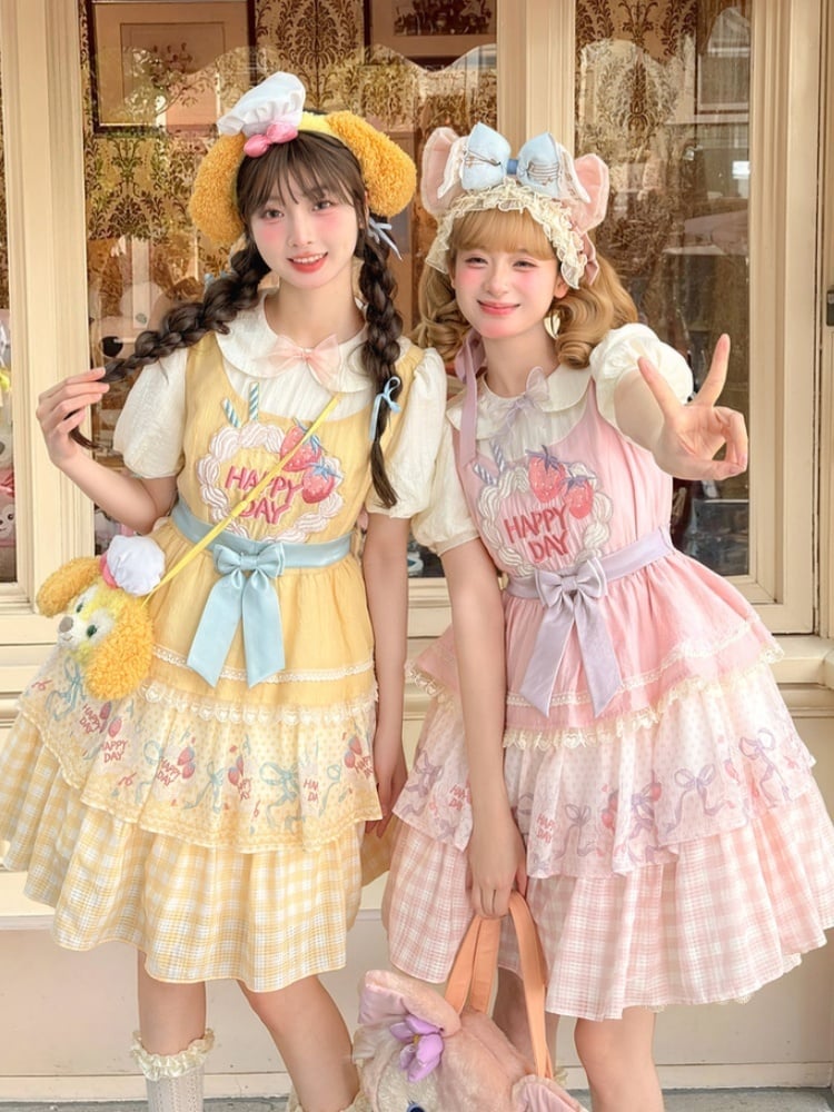 Strawberry Cake Embroidery Pan Tiered Lolita Dress Pink Skirt Peter Collar Sweet