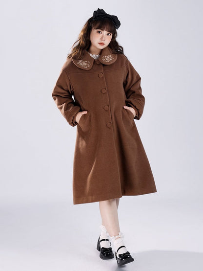 Coffee Delicate Floral Round Flat Collar Woolen Coat