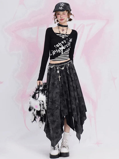 Black Y2K Stars Handkerchief Hem Skirt