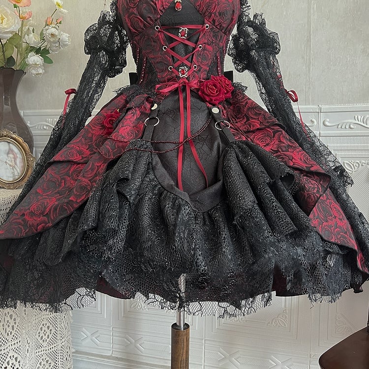 Black and Red Gothic Rosette Fabric High-low Skirt Dress Lolita JSK