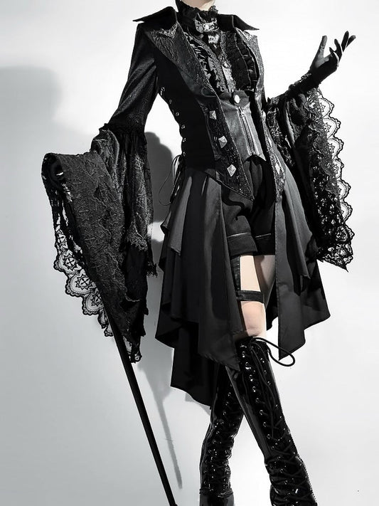 Lolita Ouji All Sleeves Tail Set Fashion Long Bell - Shirt + Waistcoat Black Gothic