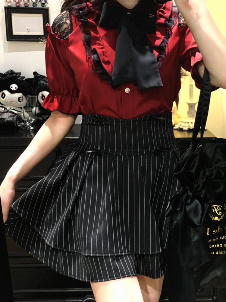Bowknot Details Tiered Striped Skirt Jirai Kei Black/Pink/Blue