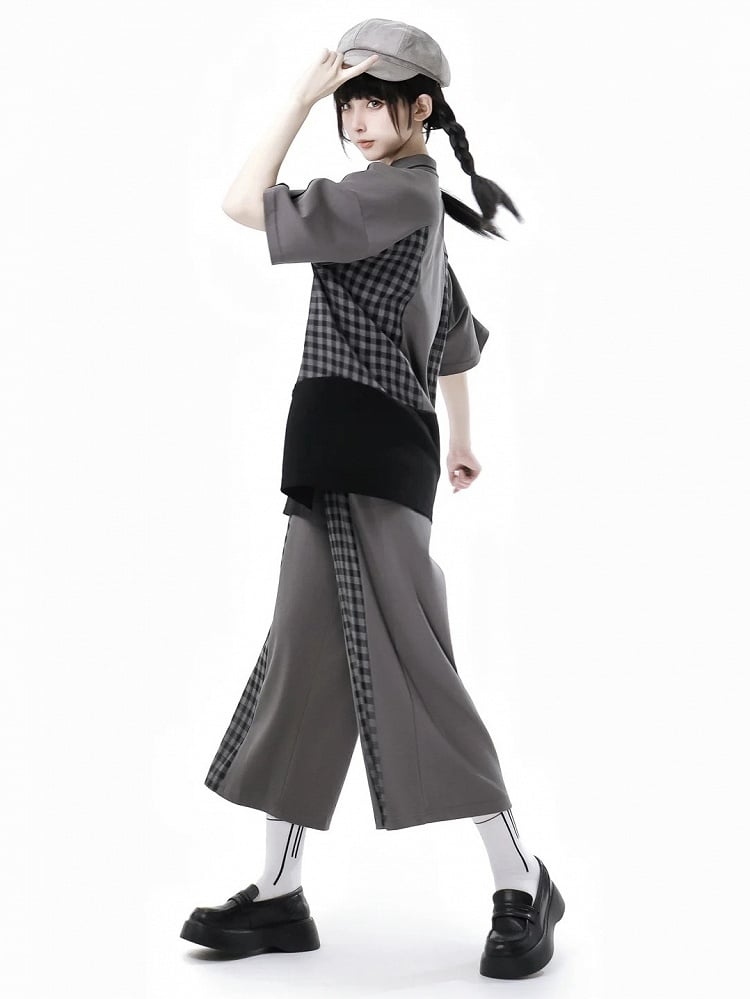 Reißverschluss Grau Plaid Patchwork Kordelzug Taille Hose Detail