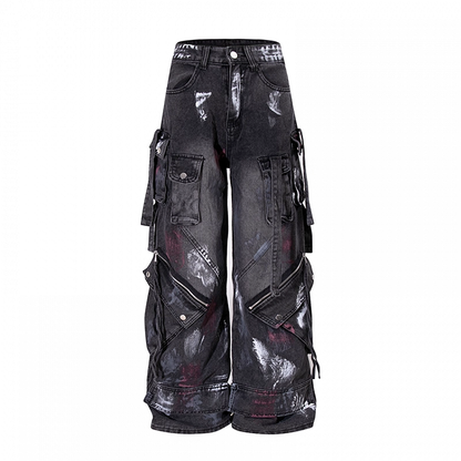 Details Jeans Zipper Spray Paint Print Waist Wide-leg Cargo Black Low