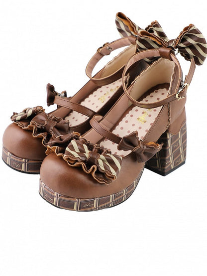 Gestreifte Blockdetails Janes High Bowknot Braun Schokolade Mary Plateau Heels Schnalle Licht Herz