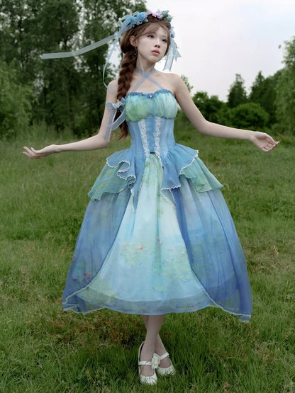 Tiered Flounce Hem Halter Boned Corset Top Print Sky Painting Fairy Oil Blue