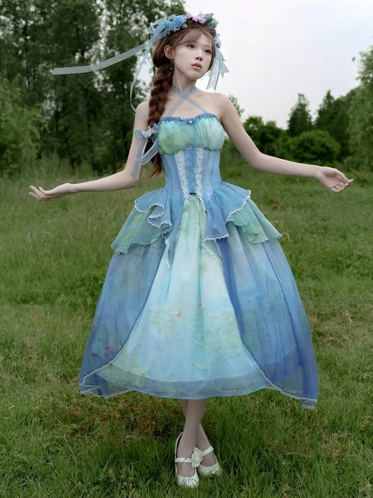 Tiered Flounce Hem Halter Boned Corset Top Print Sky Painting Fairy Oil Blue