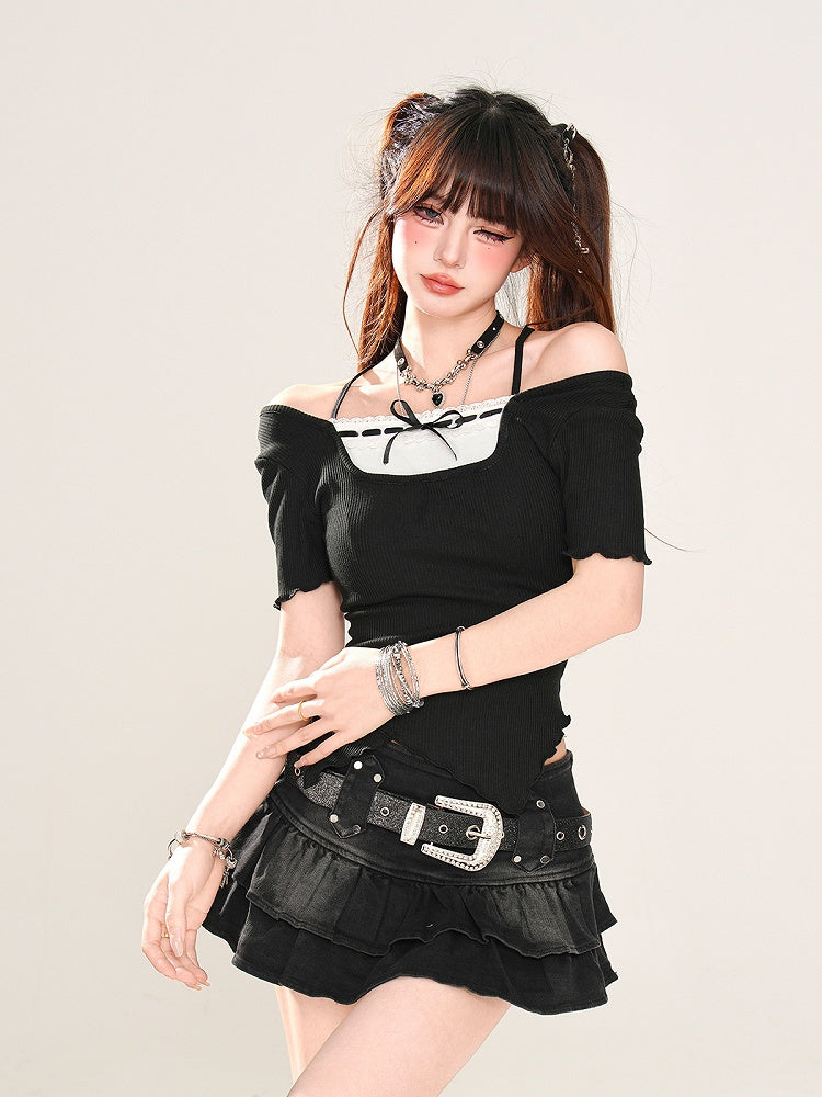 Faux Two-pieces Neckline Curved Hem Black Off-the-shoulder Glamorous T-Shirt