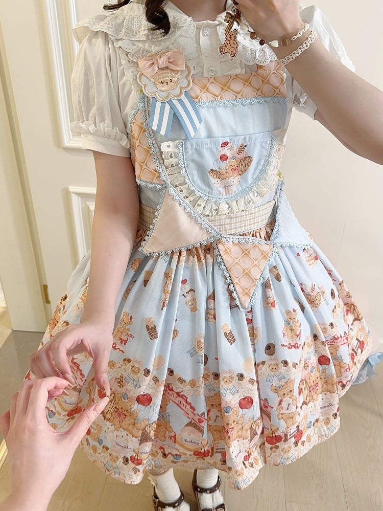 Blue Sweet Teddy Bear and Dessert Lolita Overall Dress