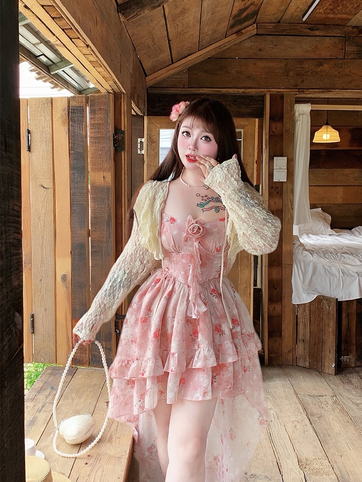 Hollow-out Lace Plus Top Size Straps Apricot Self-tie
