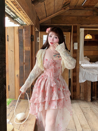Hollow-out Lace Plus Top Size Straps Apricot Self-tie