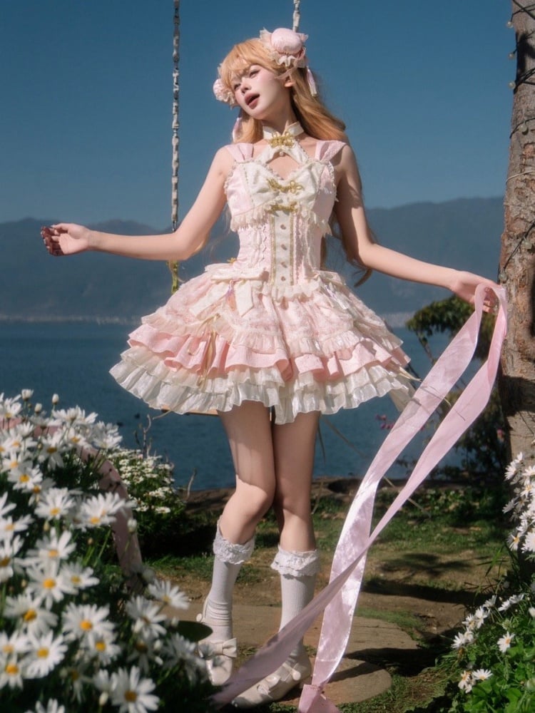 Robe Lolita Qi rose Sakura avec corset et gros nœud, tenue de festival des fleurs de cerisier