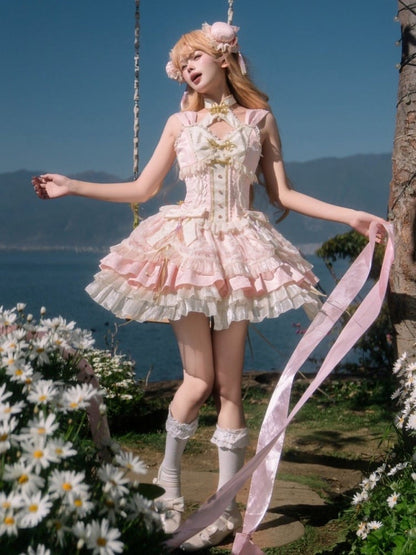 Sakura Pink Qi Lolita-Kleid mit Korsett-Taille und großer Schleife an der Taille