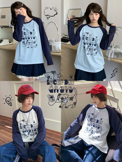 Top White/Blue Colorblock Design Adorable Puppy Print Loose