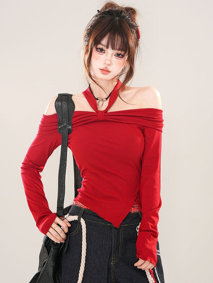 Haut dos nu asymétrique noir/rouge à ourlet fendu