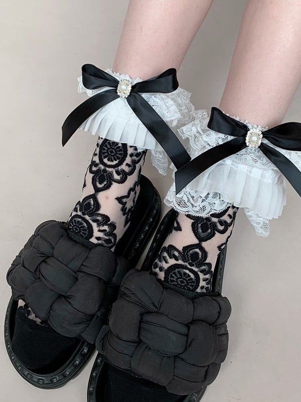 Details Socks White/Black Semi-sheer Calf Bowknot Ruffled Cuff