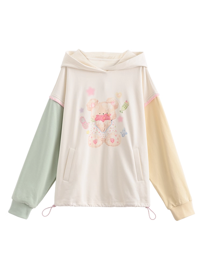 Autumn and Hem Green Yellow Colorblock Design Teddy Bear Print Drawstring Hoodie