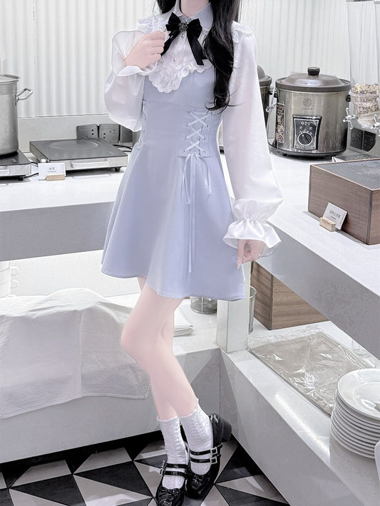 Tenshi Kaiwai Blue Ruffled Lace Trim Jirai Kei Dress with Lace-up Detail at Waist
