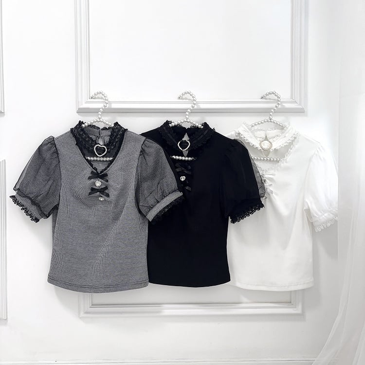 Decoration Choker Black Jirai Kei Blouse Design Bowknot and Rhinestone Houndstooth