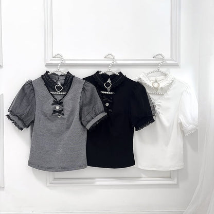 Decoration Choker Black Jirai Kei Blouse Design Bowknot and Rhinestone Houndstooth