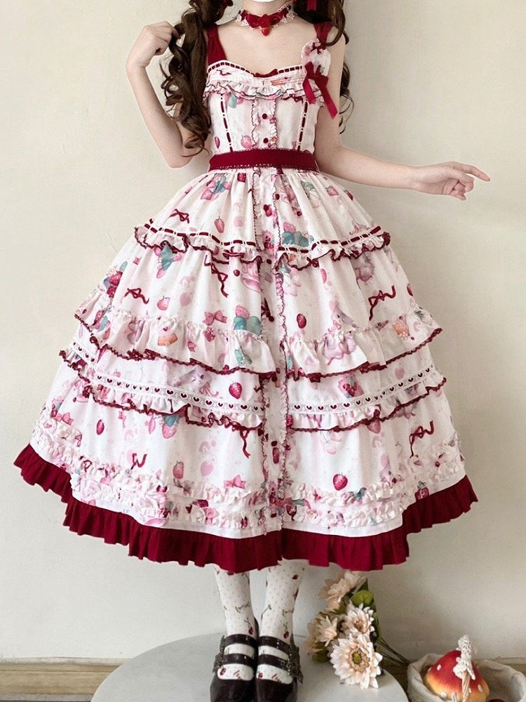Kitty and Strawberry Print Spring and Summer Cottagecore Lolita Dress