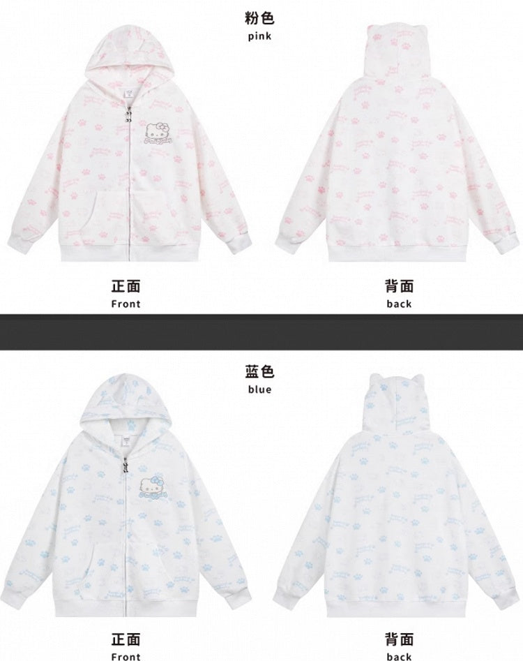 Black/Pink/Light Blue Kitties Allover Print Zip Hoodie