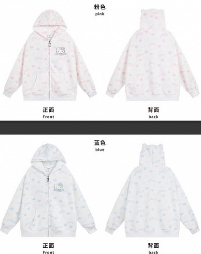 Black/Pink/Light Blue Kitties Allover Print Zip Hoodie