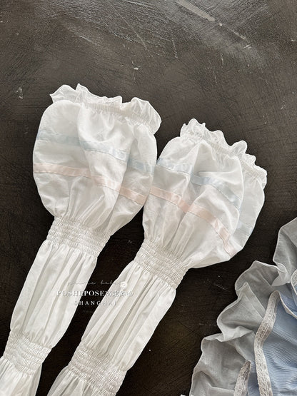 Blue and Pink Sweet Maid Apron + Basque Waist Tiered Ruffles Hem Strapless Puffy Dress