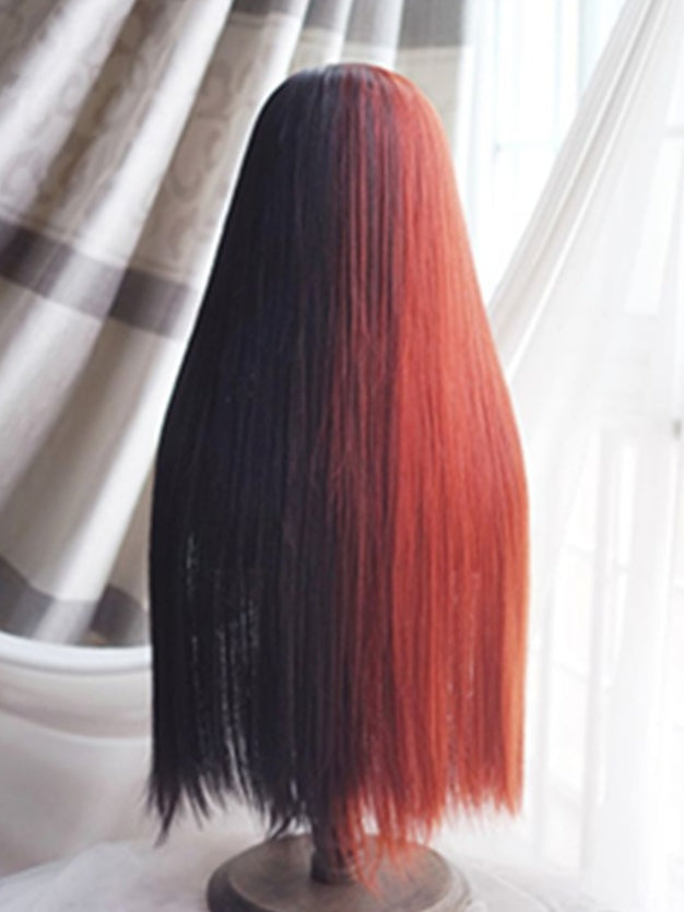 Red&Black Split Color Waist Length Straight Wig With Full Bangs
