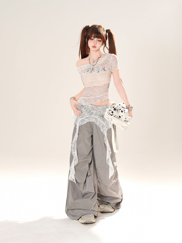 White Asymmetrical Neckline Cascading Ruffle Accent Lace Overtop