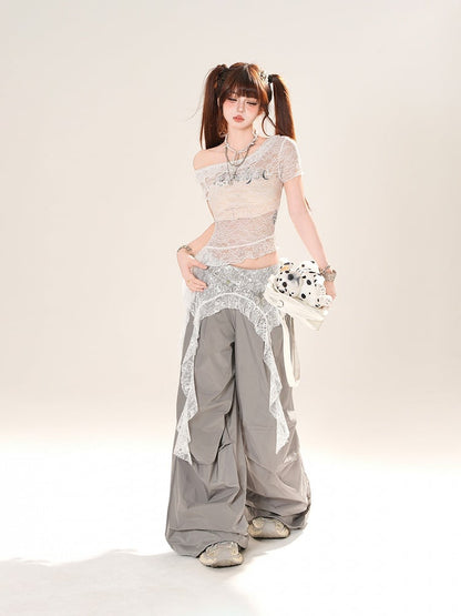 Gray/Black Low Light Rise Wide-Leg Pants with Waist Lace Accessory