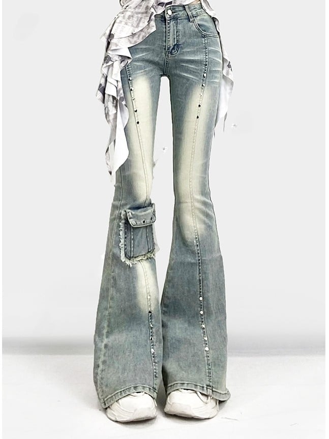 Decorated Jeans Faded Cuffs Y2K Frayed Glamorous Blue Raw Flare Pocket Silhouette Wash and