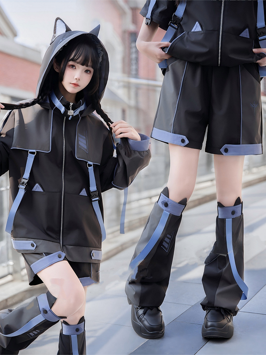 Cyber Techwear Black Blue Elastic Waist Shorts and
