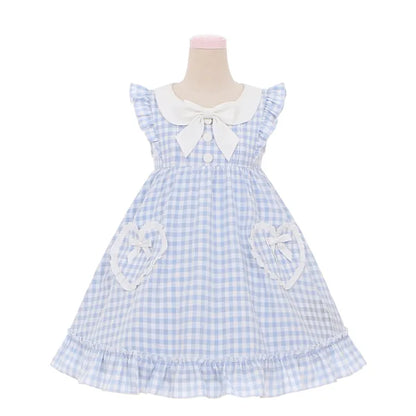 Blue Pockets Heart-shaped Sweet Dress Bowknots Plaid Flutter Sleeves Light