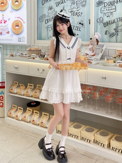 Trim Tiered Skirt Sleeveless Dress Contrast White Sailor Collar Flutter Sleeves Blue