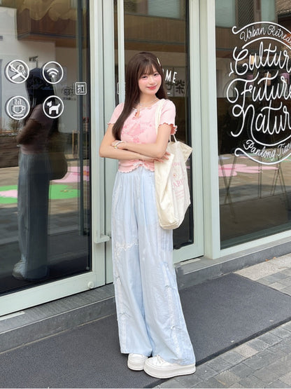 Version Regular/Short Blue Wide-Leg Pants Bowknot Embroidery High Waist