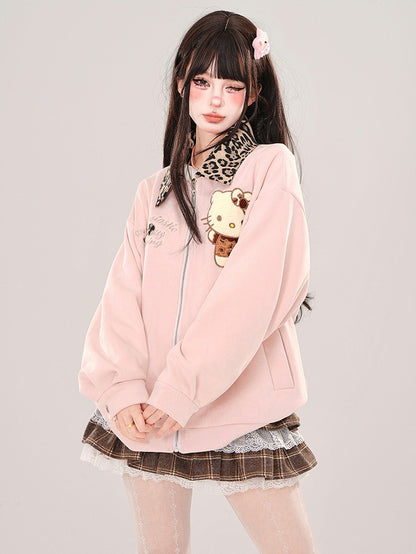 Pink Kitty Leopard Collar Baseball Jacket