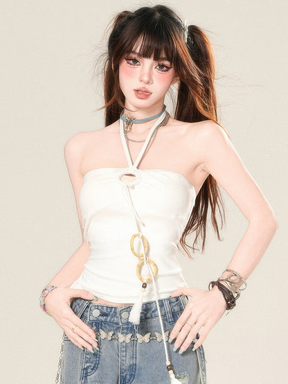 Straps Neck Tassel Top White Halter Glamorous