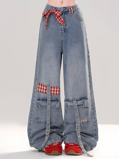 Light Blue Detachable Plaid Bow Cargo Pockets Wide-leg Cut Jeans