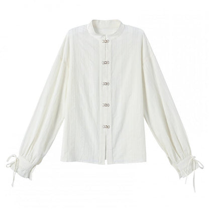 White Cheongsam Style Shirt with Self-tie Strap at Cuff